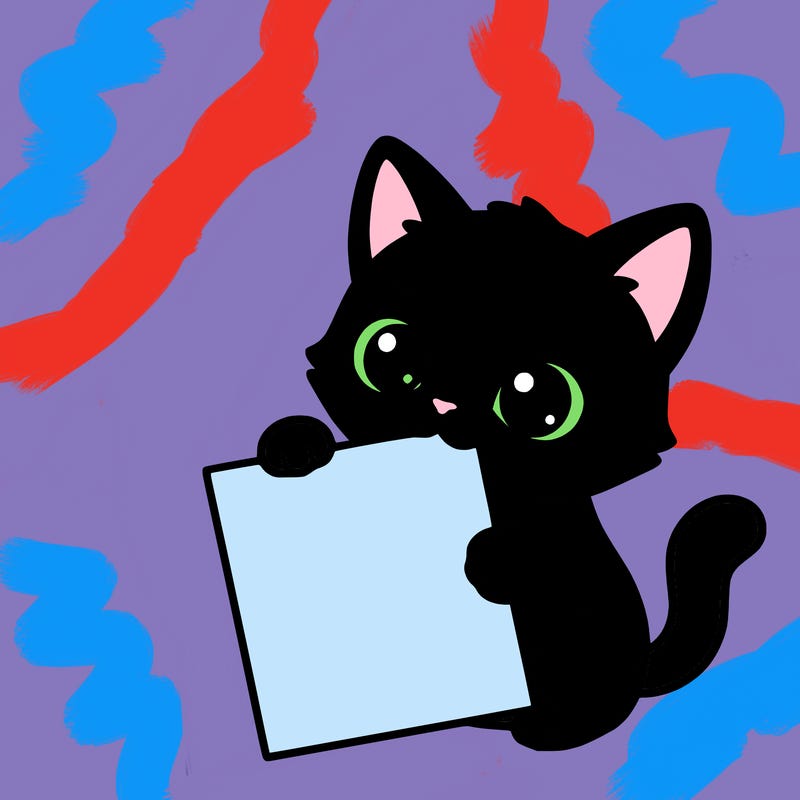 a small cat with a blank sheet of paper in its hand. the cat is sooooooo cute!