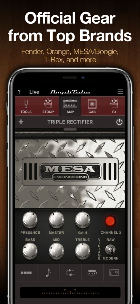 Una interfaz móvil de AmpliTube CS que presenta un amplificador virtual Mesa Engineering Triple Rectifier con perillas de tono ajustables.