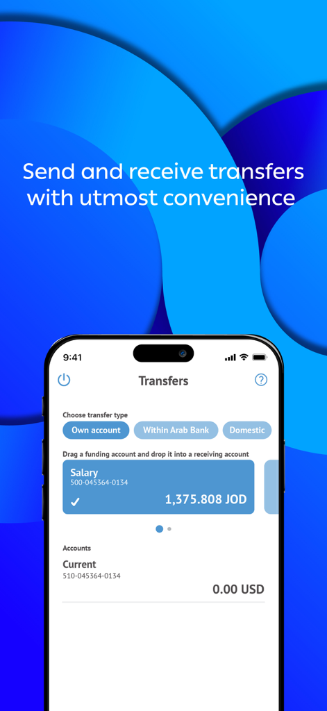 Arabi Mobile app screen for sending and receiving money transfers between accounts.