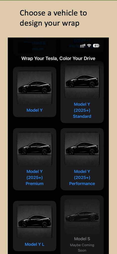 Wrap For Tesla - A screen in the Wrap For Tesla app showing options to select different Tesla models for wrap customization.