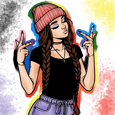 realistic teenage girl with braids and a beanie and crop top doing 🫶🏼