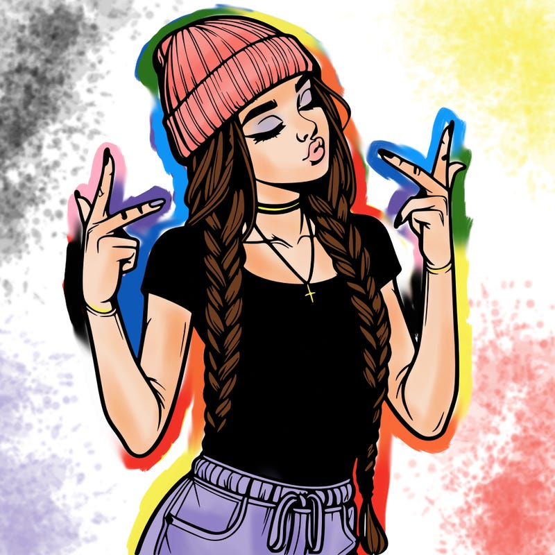 realistic teenage girl with braids and a beanie and crop top doing 🫶🏼