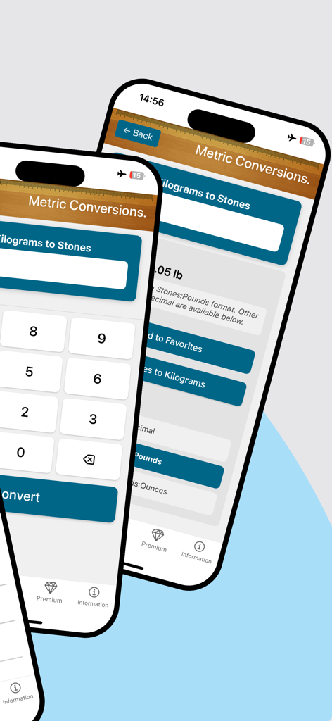 Smartphone screens displaying the kilograms to stones conversion interface within the Metric Conversion tool app.