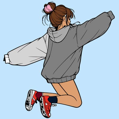 realistic girl jumping with a bun and oversized sweatshirt