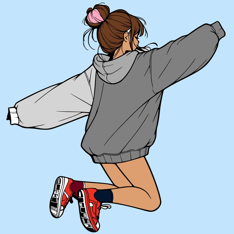 realistic girl jumping with a bun and oversized sweatshirt