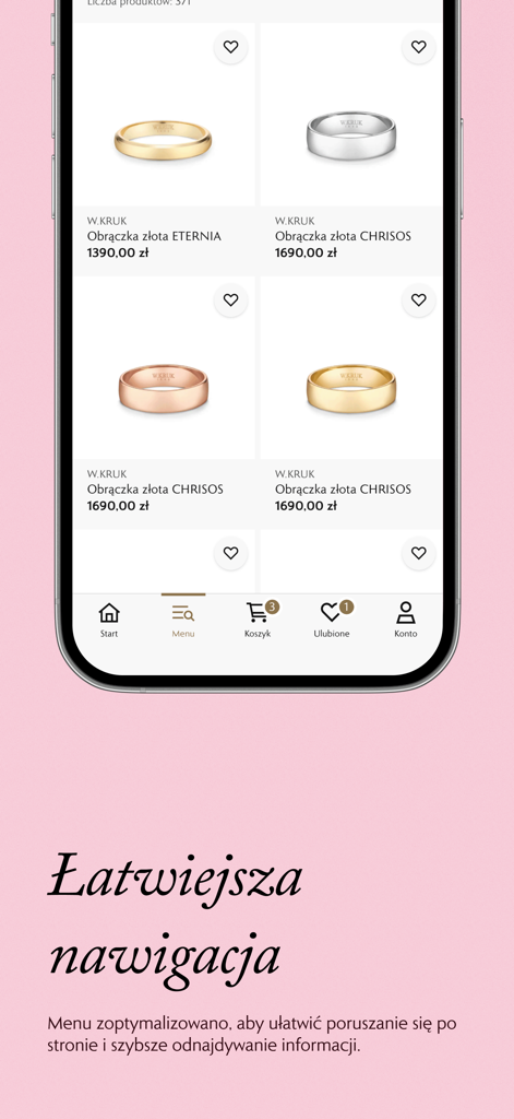 W.KRUK - W.KRUK app jewelry product list featuring rings and a navigation menu