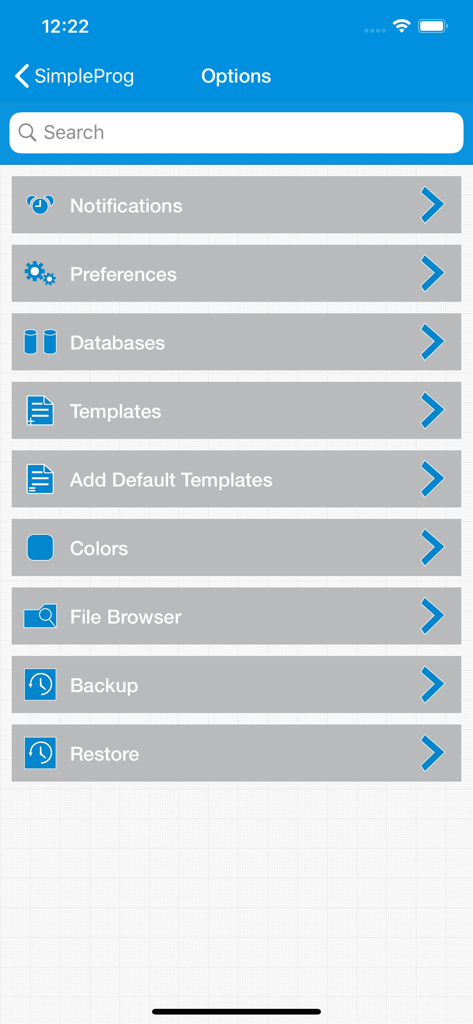 SimpleProg Database Manager - Interface of the SimpleProg app showing options for databases templates file browser and backup settings