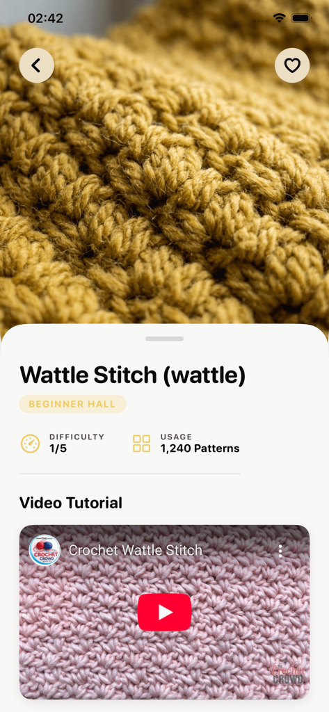 YarnLoom：Crochet & Knitting - Interfaz de la aplicación YarnLoom que muestra un tutorial de crochet del punto Wattle con guía de video y calificación de dificultad