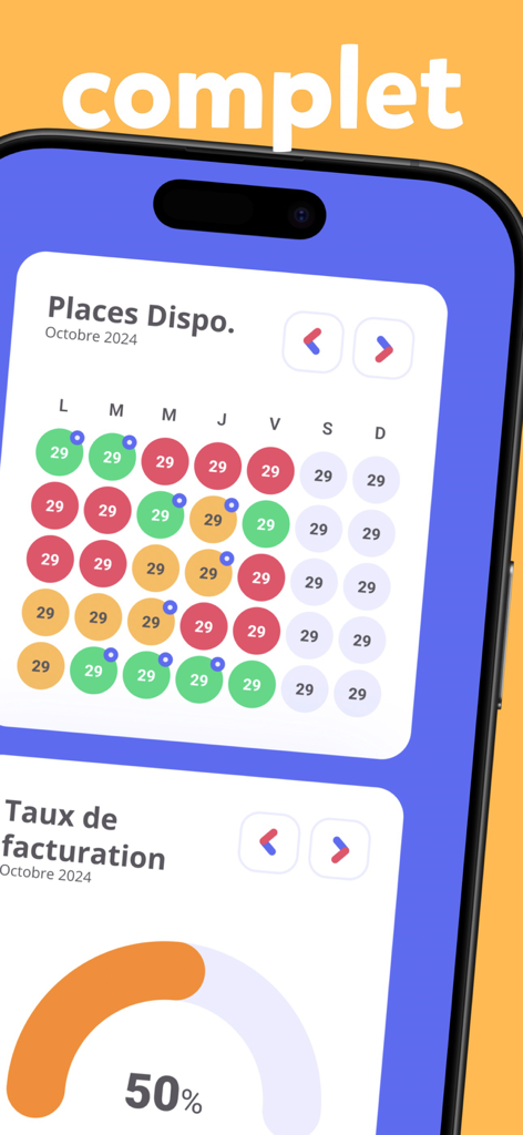 Kidola - Interfaz de la aplicación de cuidado infantil Kidola que muestra un calendario de disponibilidad de cuidado infantil en tiempo real y un indicador de estado de facturación