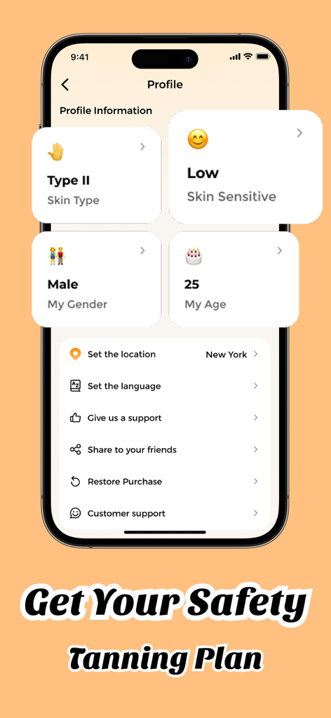 SunAware: UV Index, Tanning - SunAware app profile screen displaying user skin type and settings for a personalized safe tanning plan