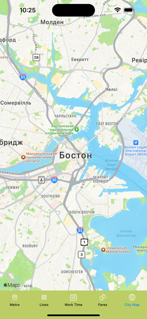 Interface of the Boston Metro app displaying a detailed city map of Boston and navigation options