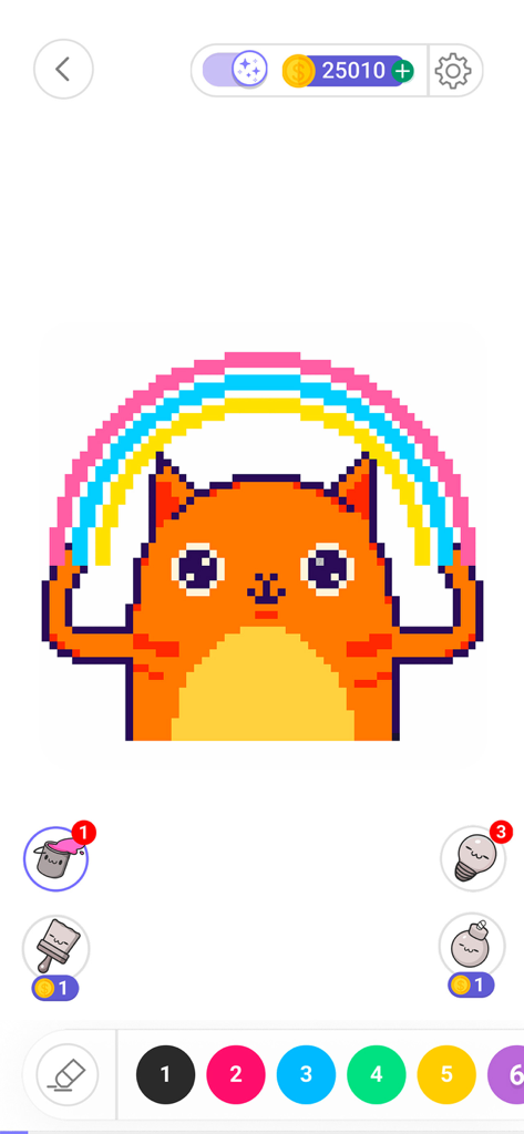 Color by Number app screen showing an orange pixel art cat holding a rainbow with coloring tools below