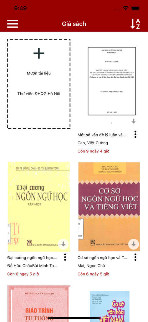 VNU-LIC - VNU-LIC app interface showing a digital bookshelf with academic book covers and research materials