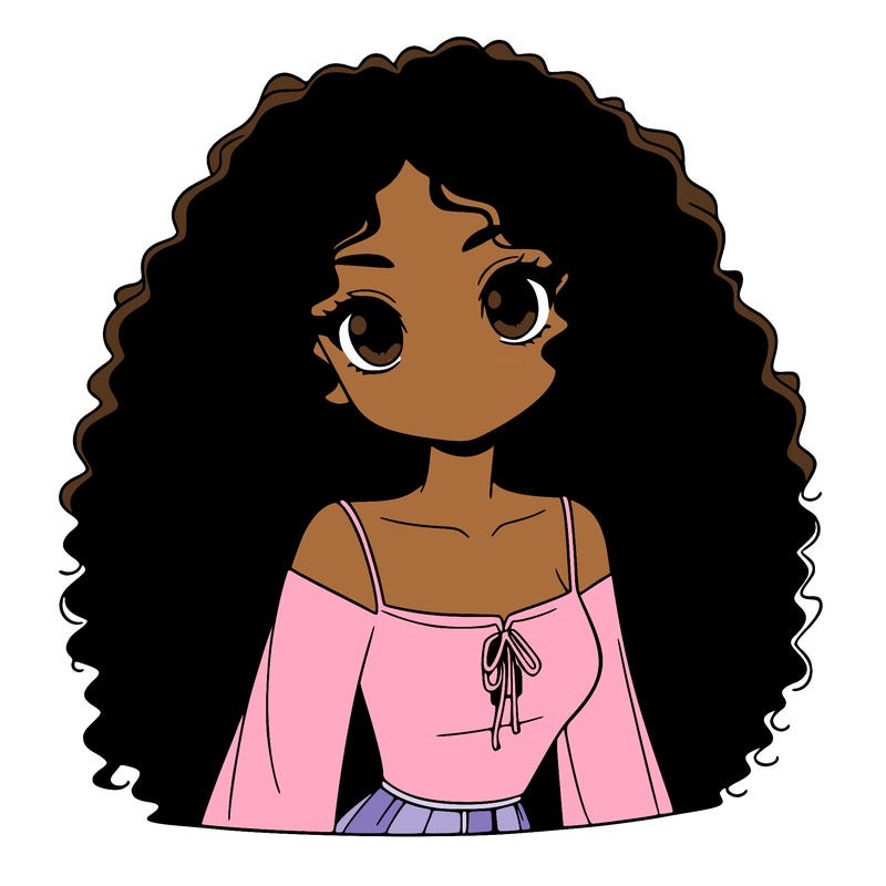 a black anime girl with long afro hair