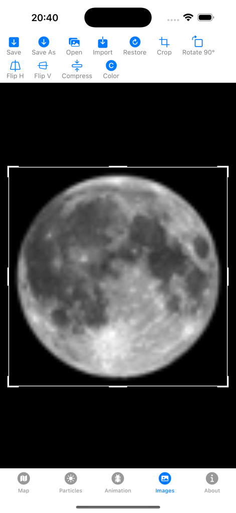 Interfaccia dell'app Universe Particle che mostra uno strumento di modifica delle immagini con una texture lunare e controlli di modifica.