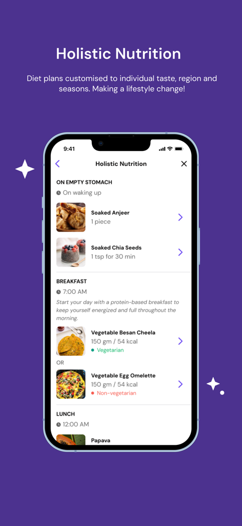 FlexifyMe mobile app screen displaying a personalized holistic nutrition diet plan