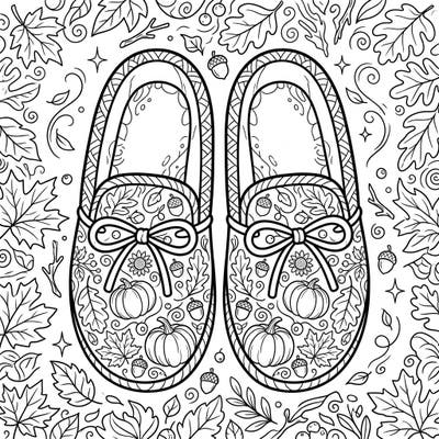 Embrace the cozy vibes of fall with this charming autumn slippers coloring page. Intricately designed with festive pumpkins, fallen leaves, and acorns, it's perfect for a relaxing creative session.