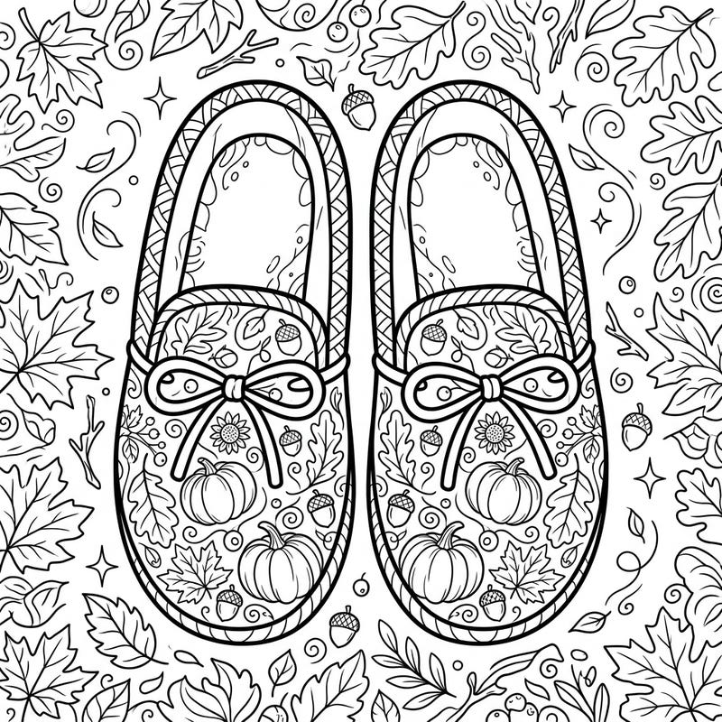 Embrace the cozy vibes of fall with this charming autumn slippers coloring page. Intricately designed with festive pumpkins, fallen leaves, and acorns, it's perfect for a relaxing creative session.