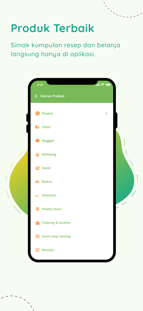 Prima Freshmartアプリのモバイルインターフェース。卵、ナゲット、ソーセージ、調理済み食品などの食品カテゴリのリストが表示されています。