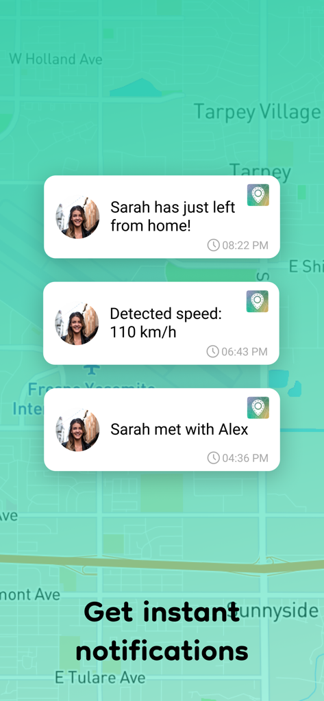 Captura de pantalla que muestra alertas inteligentes instantáneas para salidas de ubicación, detección de velocidad y reuniones familiares en una interfaz de mapa.