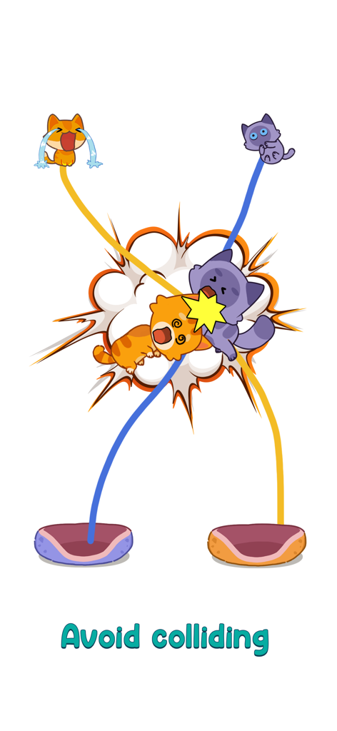 Cat Puzzle: Draw to Kitten - Two cartoon cats colliding in a puzzle game with the text avoid colliding