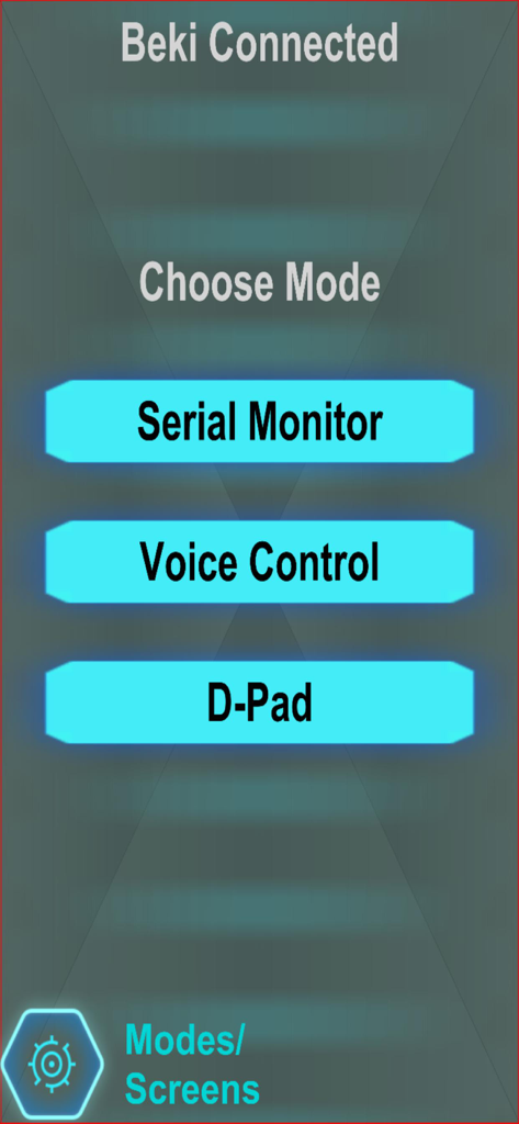 Schermata del menu principale dell'app Arduino Bluetooth Pro che mostra i pulsanti di selezione per il Monitor Seriale, il Controllo Vocale e il D-Pad