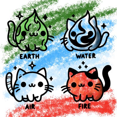 4 cats that represent the different elements, earth, water, air, and fire
