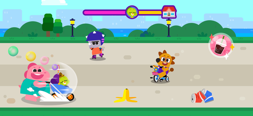 Cocobi dinosaur characters playing in a park while pushing a baby in a stroller