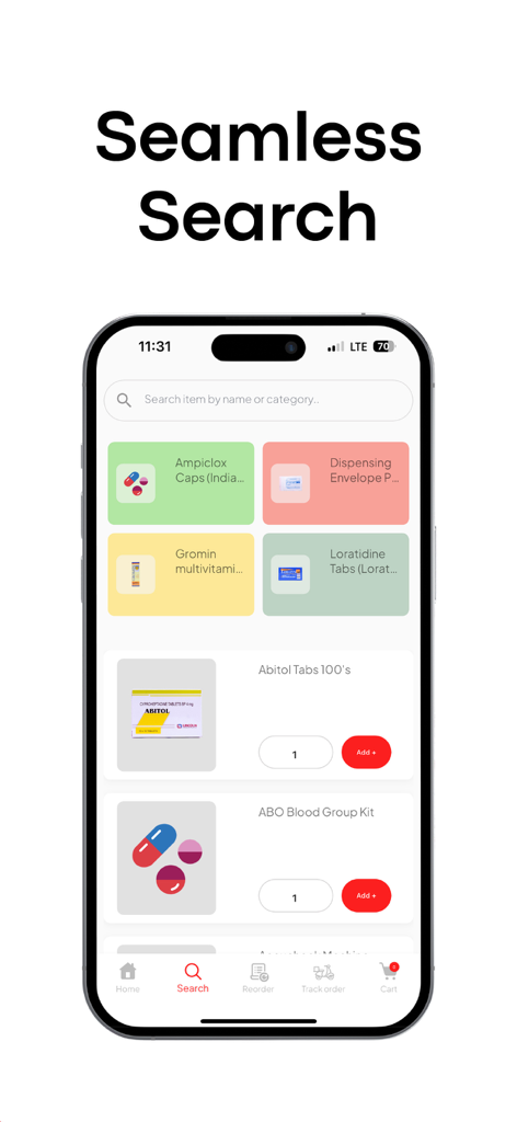 Dawa Mkononi - Interfaz móvil que muestra la función de búsqueda de productos y categorías farmacéuticas en la aplicación Dawa Mkononi.
