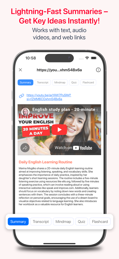 SuperLearn Note Taker &Quizlet - SuperLearn app interface showing an AI-generated summary of a YouTube video for studying