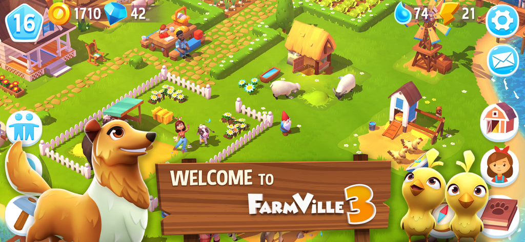 FarmVille 3 – Farm Animals - FarmVille 3 Willkommensbildschirm mit einem niedlichen Collie, Küken und einer lebendigen Cartoon-Tierfarm.