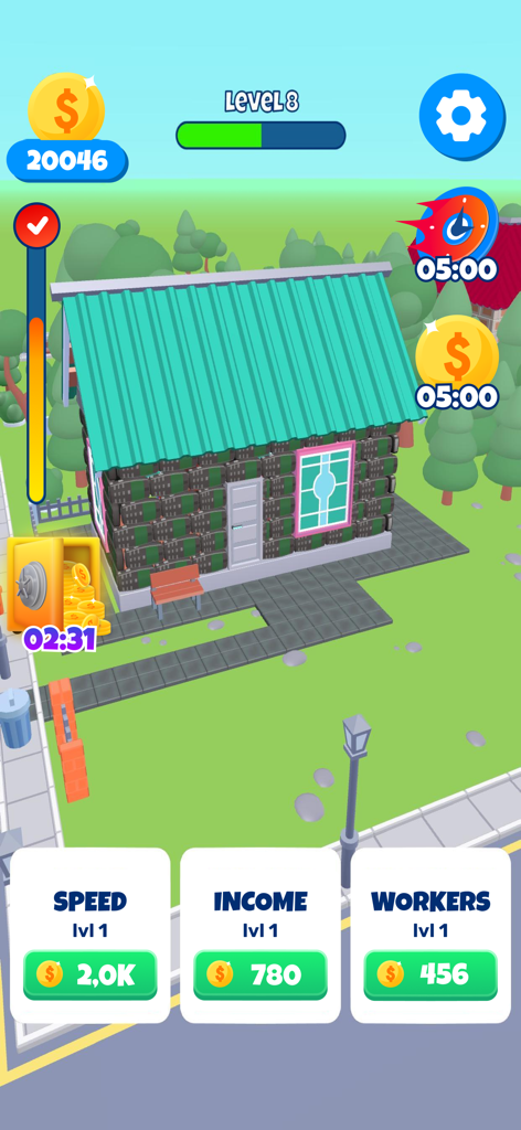 DIY Building 3D: Craft Block - A 3D house construction scene from the DIY Building 3D mobile game featuring building upgrades and level progress