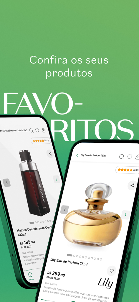 Interfaz de la app móvil O Boticario mostrando los populares productos de perfume Malbec y Lily