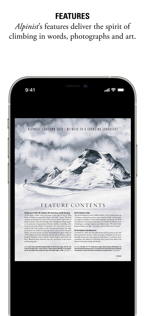 Alpinist Magazine - Alpinist Magazine app feature contents page with mountain illustration