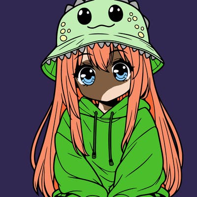 girl with anime shaped eyes with a dinosaur bucket hat oversized sweatshirt long straight hair
