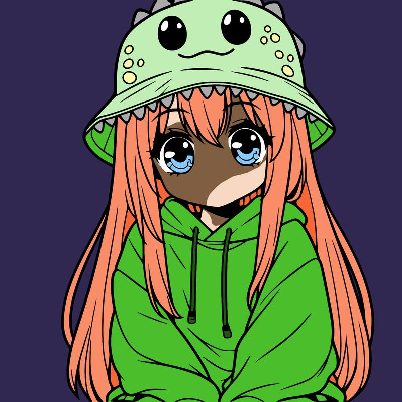 girl with anime shaped eyes with a dinosaur bucket hat oversized sweatshirt long straight hair
