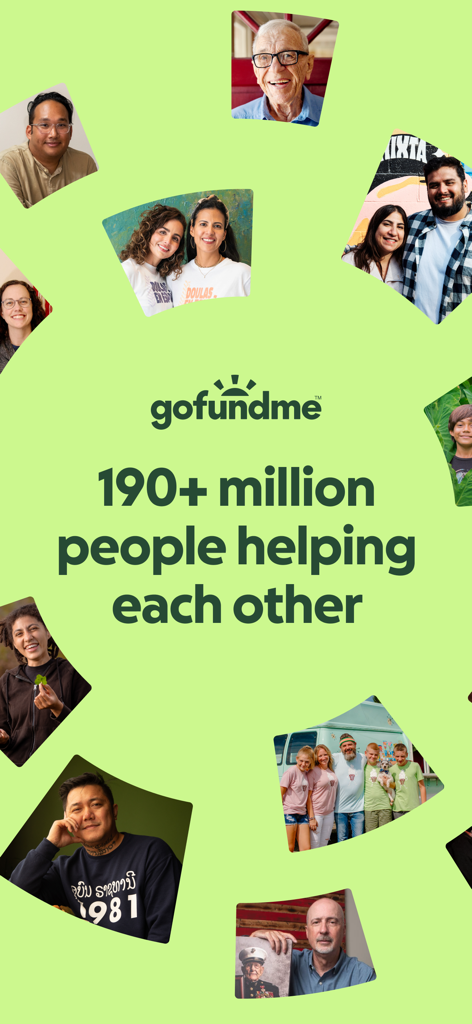 GoFundMe: Fundraise and Give - GoFundMe app screen displaying a circle of diverse people and the text 190 million people helping each other.