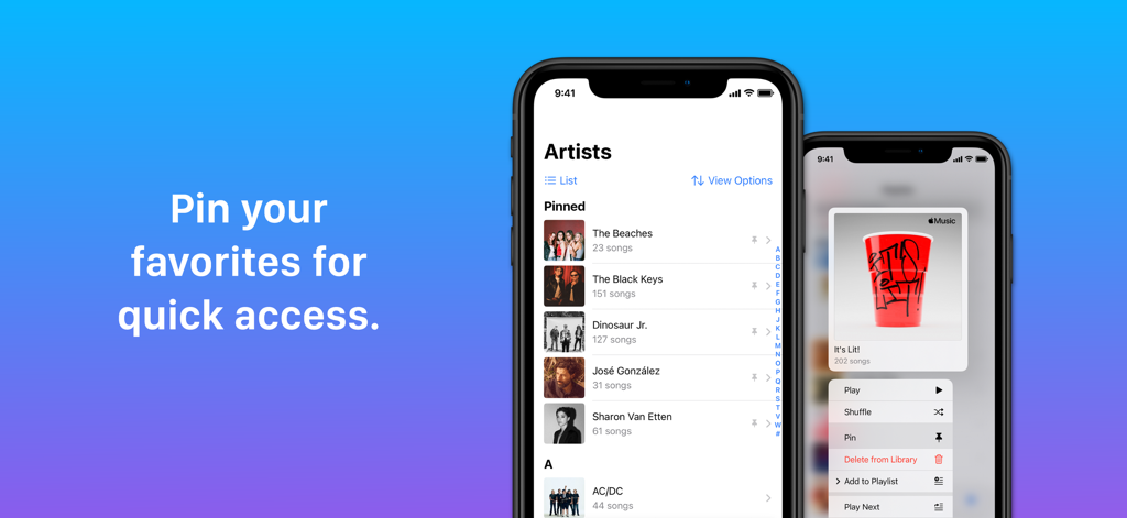 Cs Music Pro - Screenshot of Cs Music Pro app on iPhone showing the pinned artists feature and a context menu for quick library access.