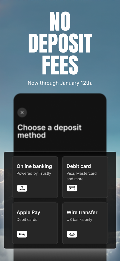 Fanatics Markets: Trade Sports - Fanatics Markets app screen showing deposit methods like Apple Pay and debit cards with no deposit fees.