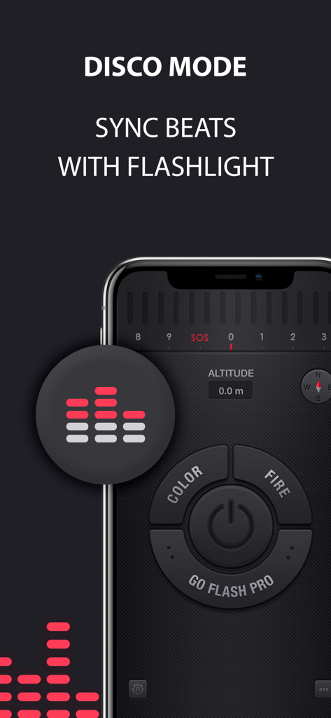 Flashlight for iPhone + iPad - Interfaccia della modalità disco dell'app Torcia con sincronizzazione beat.