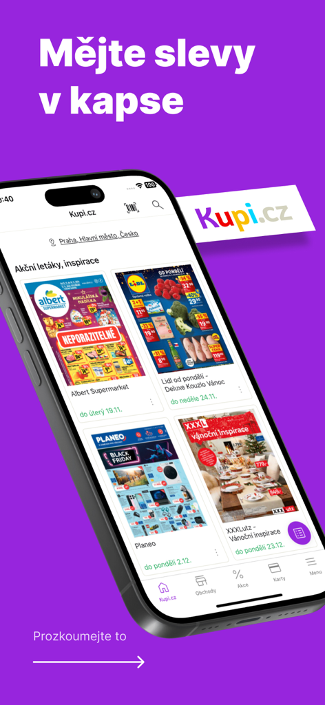 Kupi.cz - Rádce před nákupy - Smartphone screen showing digital promotional flyers from various retail stores in the Kupi.cz app