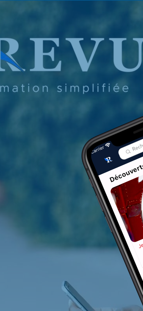 A smartphone screen displaying the modern and sleek interface of the La Revue Presse news application.