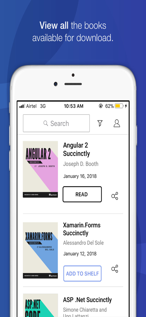 Syncfusion Succinctly Series app showing a searchable library of technical ebooks including Angular and Xamarin