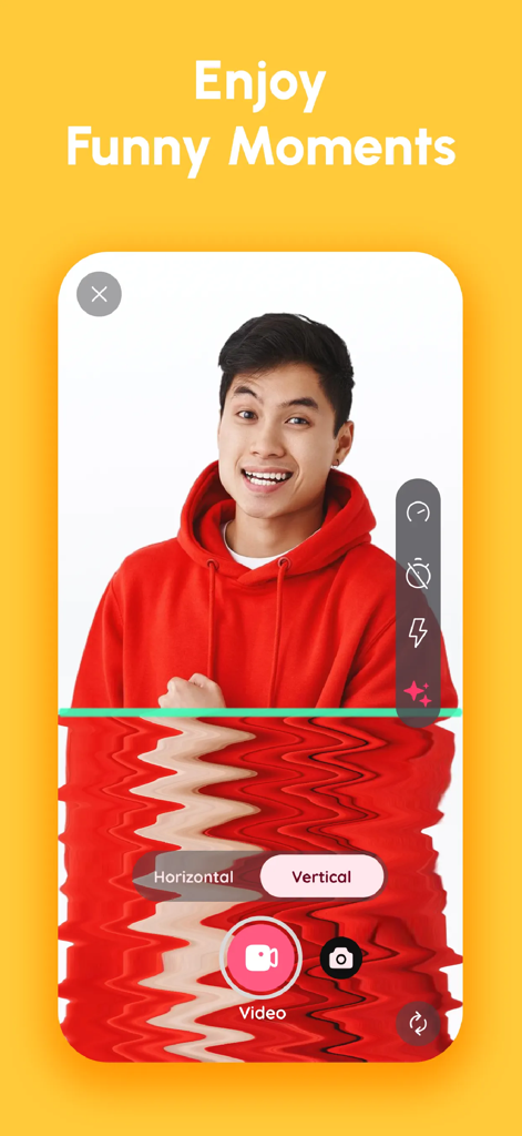 Time warp scan app screen displaying a funny distorted face effect on a man