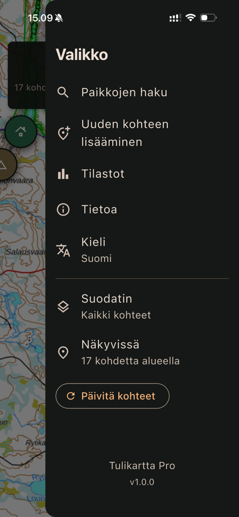 Tulikartta Pro - Interfaccia del menu dell'app Tulikartta Pro che mostra le opzioni di ricerca, aggiunta di destinazioni e statistiche.