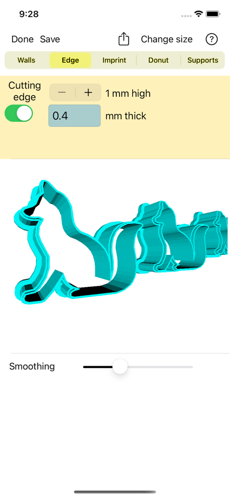 3D Cookie Cutter - Interface for adjusting the cutting edge height and thickness of a fox shaped 3D cookie cutter model.