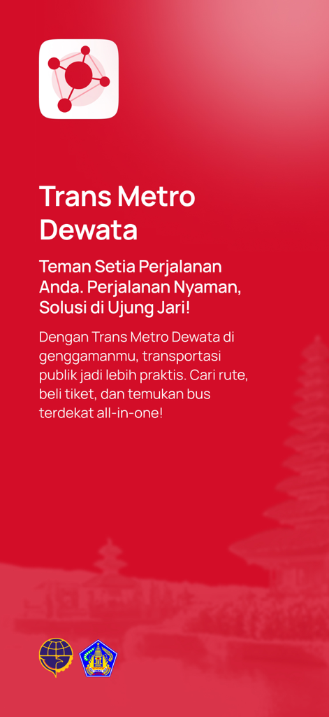 Tela inicial do aplicativo Trans Metro Dewata Bali para transporte público de ônibus