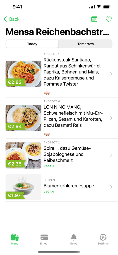 Mensa Dresden - Screenshot of the Mensa Dresden app showing the daily menu with meal photos and prices for a university canteen