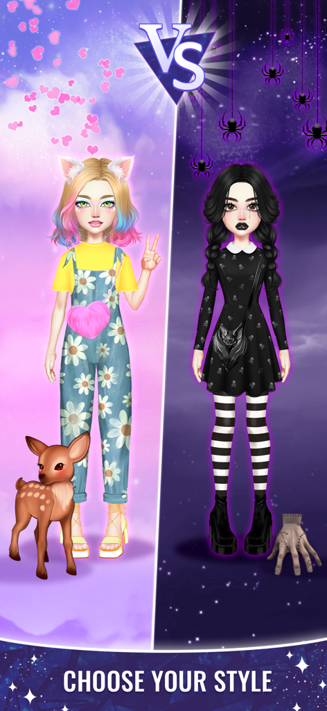 Forever Girls: Avatar Dress Up - Una comparación entre un avatar kawaii brillante con un ciervo y un avatar gótico oscuro con una mascota de mano cortada en el menú de elección de estilo