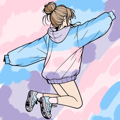 realistic girl jumping with a bun and oversized sweatshirt